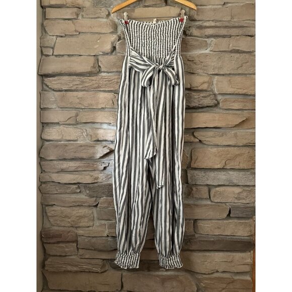 Elan Striped Smocked Strapless Jumpsuit Women’s Sz L Black White Tie Waist - Picture 1 of 14